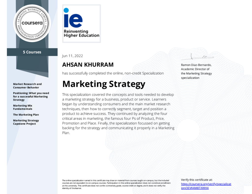IE Business School, Spain certification for Ahsan Khurram